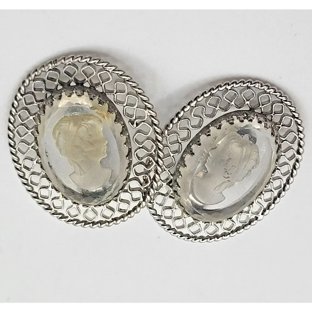 WHITING & DAVIS signed silver carved cameo glass designer clip on earrings 1in